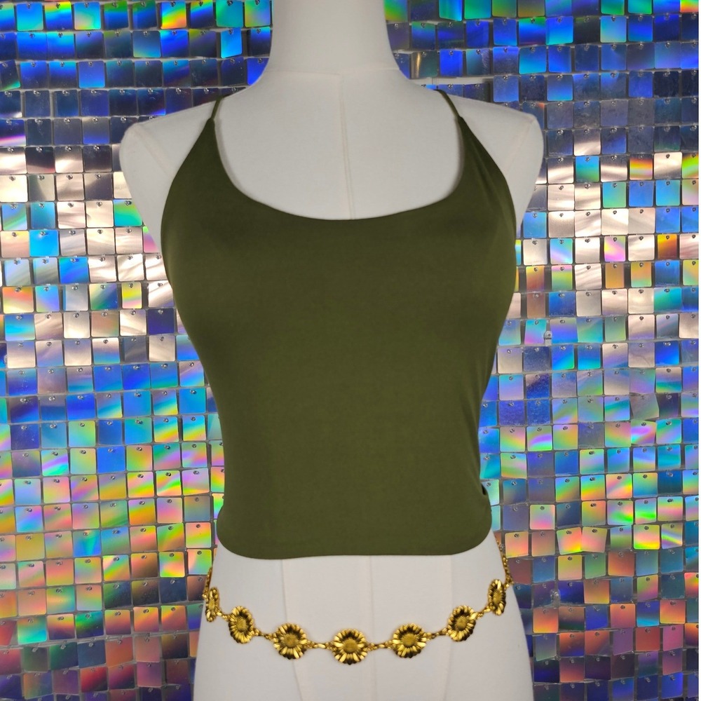 Cami Tank Top Womens Large Olive Green Excellent Lace Up Back Cropped